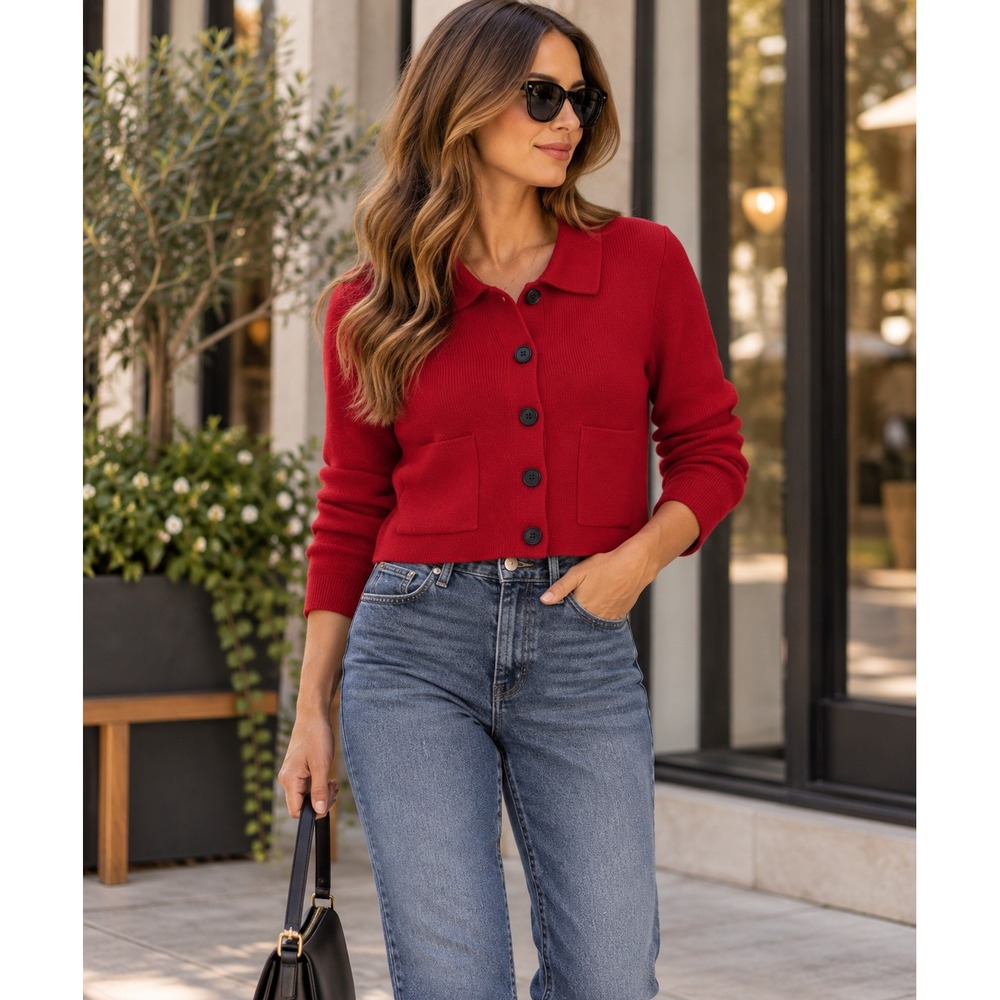 J.Crew Cardigan Womens XS Red Polo Sweater Preppy Classic Minimalist